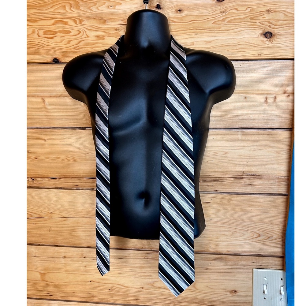 Joseph & Feiss Mens Silk‎ Necktie Black Grey Silver Diagonal Striped Accessory